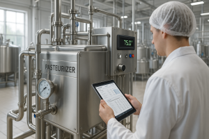 un homme en train de gérer son système de pasteurisation de lait