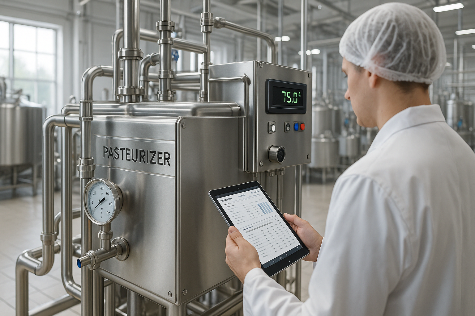 un homme en train de gérer son système de pasteurisation de lait
